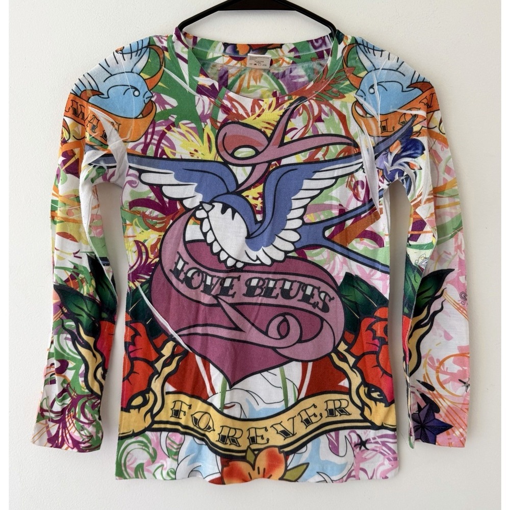 Y2K Tattoo‎ Print Top Sz XS Long Sleeve Love Blues Grunge Rainbow All Over Print